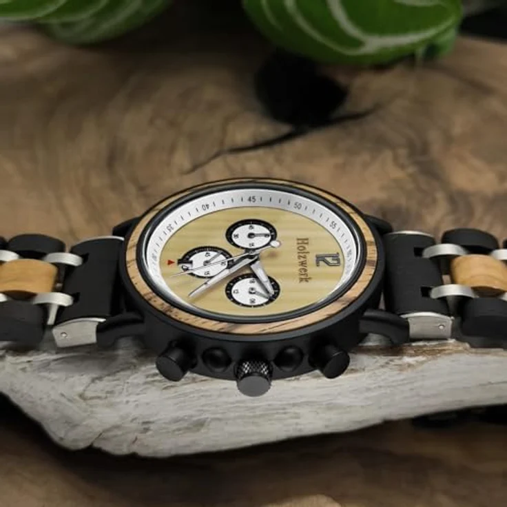 Holzwerk Chronograph DETMOLD Herren Holz Armband Uhr mit Datum, Schwarz/Beige/Silber, 3 Chronographen, Edelstahl/Holz, Japanisches Quarzwerk – Bild 3
