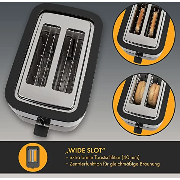 ProfiCook Toaster 2 Scheiben mit Brötchen Aufsatz und extra breitem Toast-Schlitz, Auftaufunktion, 7 einstellbare Bräunungsstufen Edelstahl gleichmäßige Toaster schwarz matt, PC-TA 1244 – Bild 2