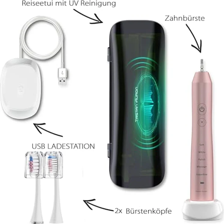 Tristan Auron Schallzahnbürste Business Class - Elektrische Zahnbürste mit UV-Sterilisation & 2 Aufsteckbürsten – 60 Tage Akku – für stilvolle, hygienische Zahnpflege unterwegs (Pink) – Bild 7