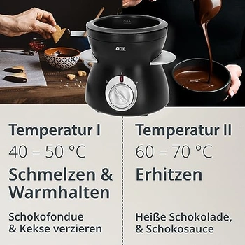 ADE Fondue eléctrica de chocolate con 2 niveles de temperatura | Fuente de chocolate con 8 tenedores | Chocolatera con recipiente extraíble con revestimiento de teflón | capacidad de 500 ml