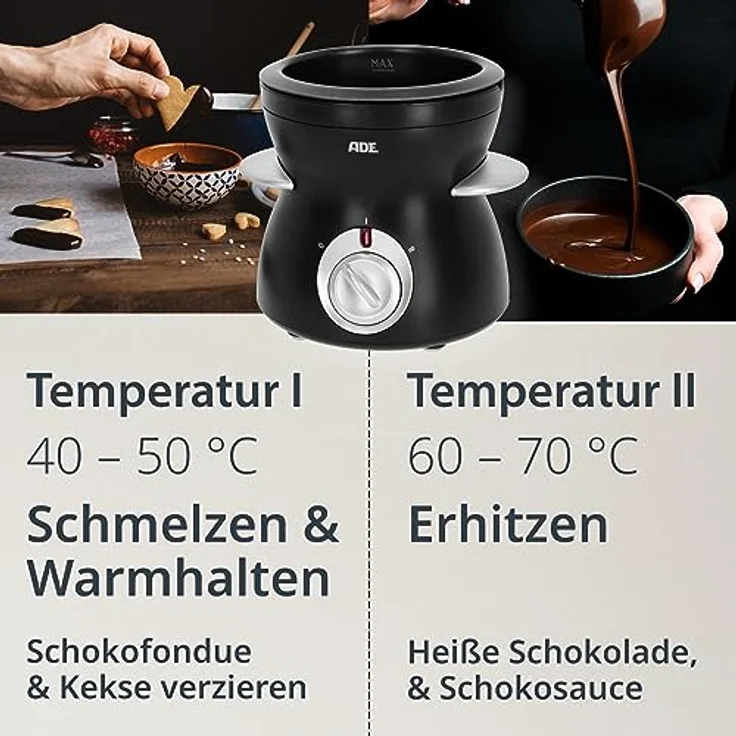 ADE elektrisches Schokofondue 250ml mit 6 Spießen | 2 Temperaturstufen zum Schmelzen und Warmhalten | Temperiergerät für Schokolade und Kuvertüre | herausnehmbare teflonbeschichtete Schüssel – Bild 2