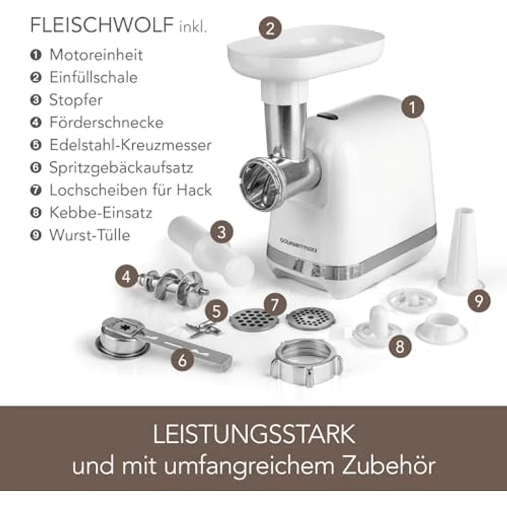 GOURMETmaxx Fleischwolf elektrisch, 1300 W mit 2 Lochscheiben & 3 Spezialaufsätzen für 1,5 kg Fleisch pro Minute – Bild 5