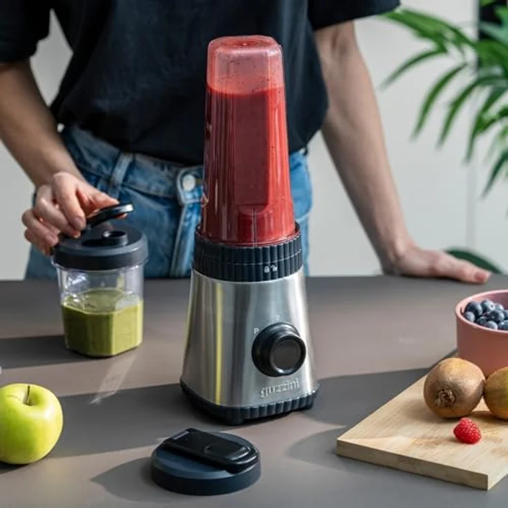 Guzzini Sous Chef, On-The-Go-Standmixer mit Doppelklinge aus Edelstahl, zwei Geschwindigkeiten, Pulse-Funktion, zwei luftdichten Bechern (600 ml und 300 ml), Kompakt, Bio-Basis (Anthrazit) – Bild 2