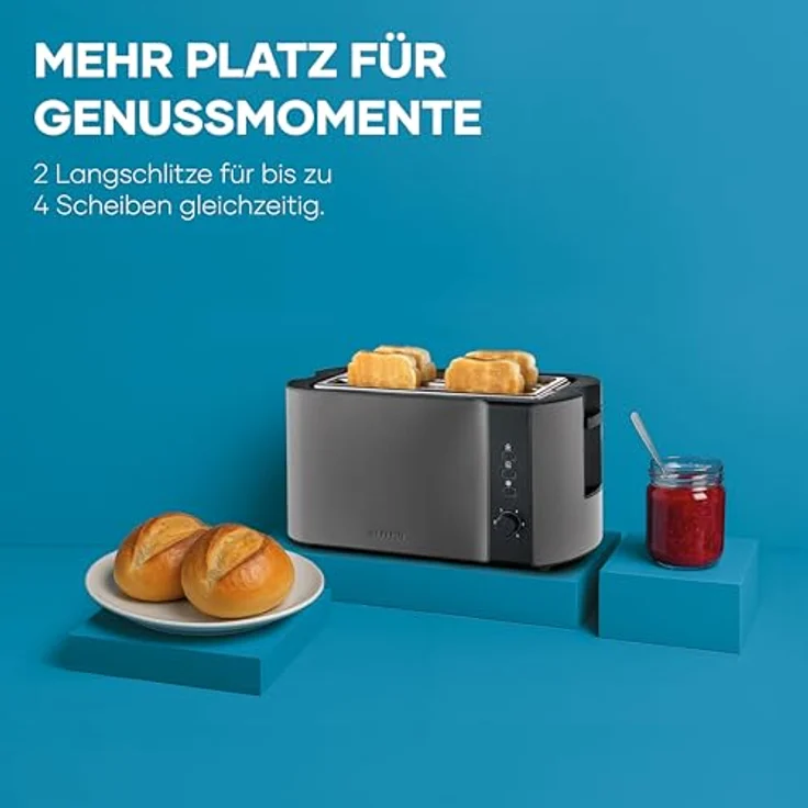 Severin AT 9341 Langschlitz-Toaster, 4-Scheiben Toaster mit 1400 Watt, Schwarz und Edelstahl, Auftaufunktion und Brötchenaufsatz – Bild 4