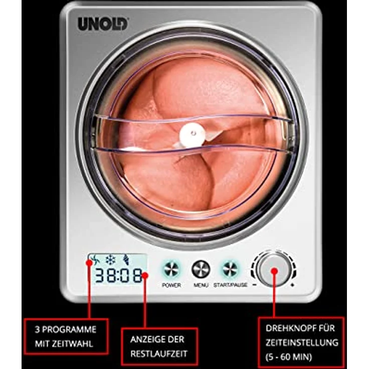 Unold 48970 Eismaschine profi inkl. Eisbuch mit 101 Rezepten | Speiseeisbereiter 2 L, selbstkühlender Kompressor, LCD-Display, Gefrierbereich bis ca. -35 °C, 180 Watt – Bild 3