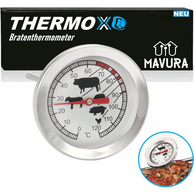 MAVURA THERMOX Analoges Fleisch- & Braten-Thermometer, Rostfreier Edelstahl, Silber, Backofenthermometer, Grillthermometer, Fleischnadel