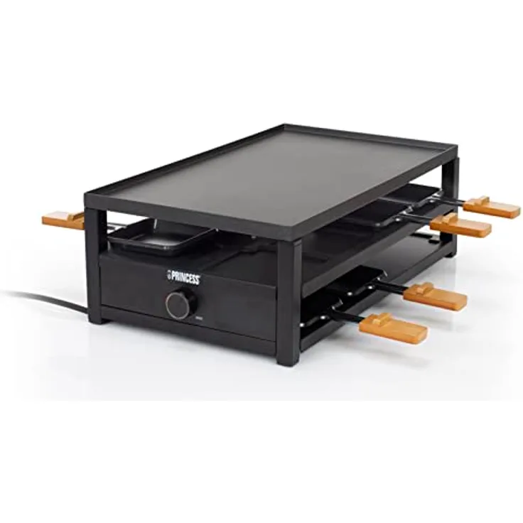 Princess Raclette Black Steel – 8 Personen Parkdeck für Pfännchen große Kochfläche 44 x 25 cm regelbarer Thermostat 1300 Watt, 162655