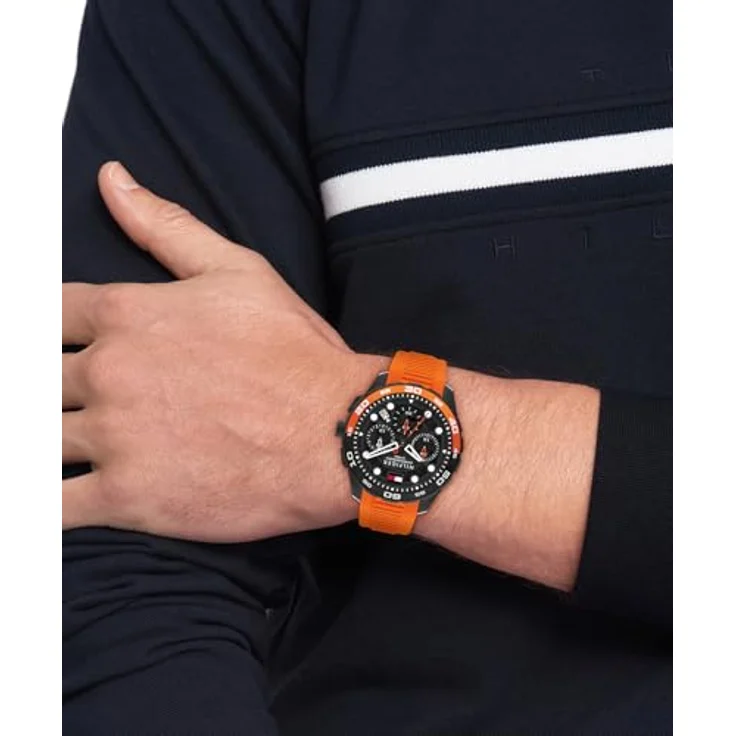 Tommy Hilfiger Chronographen-Quarzuhr mit Kalender, 44 mm Gehäuse, oranges Silikonarmband, Wasserfest bis 10 ATM, Modell 1792234 – Bild 4