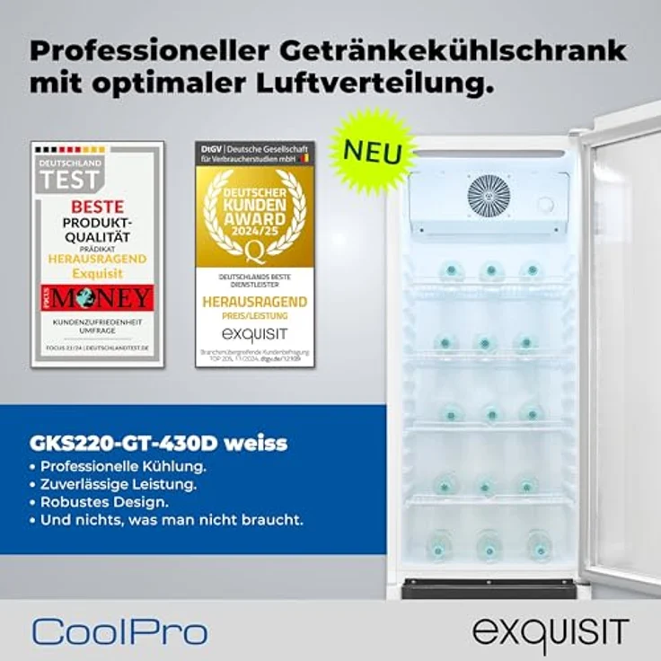 Exquisit GKS220-GT-430D, Glastürkühlschrank 240l mit LED, Umluft, 4 verstellbare Ablagen, 153 cm hoch, weiß – Bild 2
