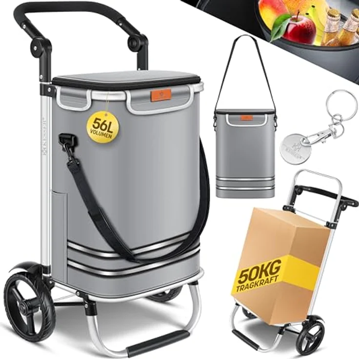 KESSER® Einkaufstrolley klappbar mit 56L Kapazität und belastbar bis 50kg | 3in1 Trolley Sackkarre & Umhängetasche | Faltbarer Einkaufswagen inkl. Kühlfach & Einkaufschip | Treppensteiger Grau – Bild 1