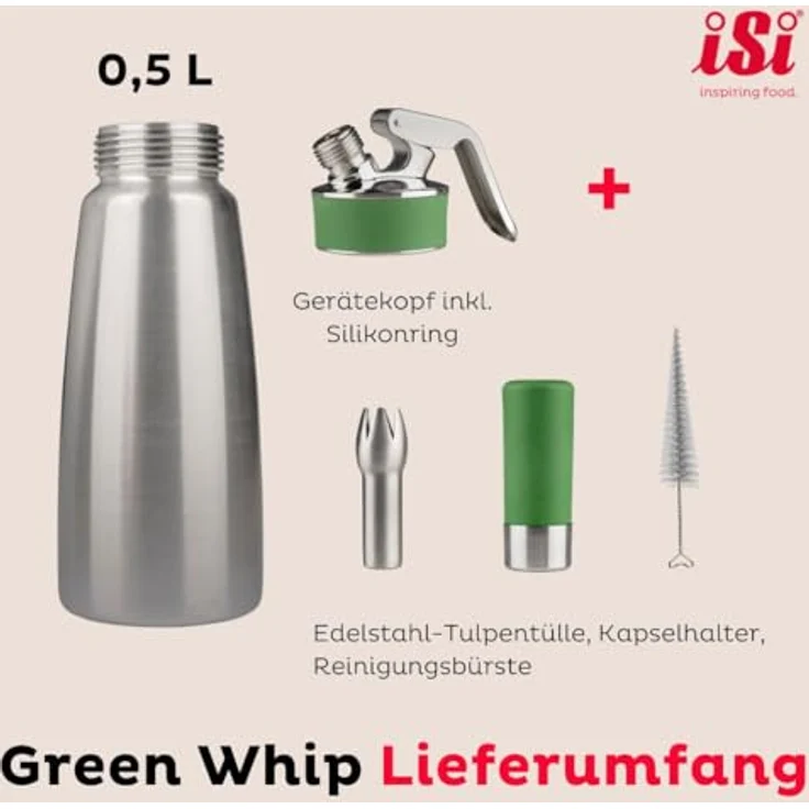 iSi Sahnespender Green Whip, 0,5L Sahnesyphon aus rostfreiem Edelstahl, spülmaschinenfest, HACCP und NSF zertifiziert, für vegane und tierische Schlagsahne – Bild 2
