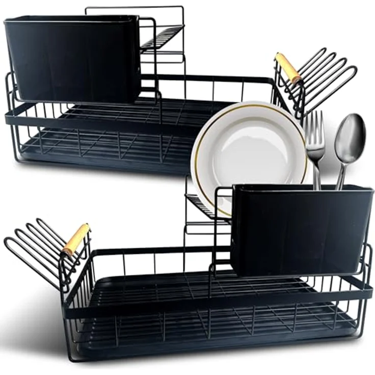 Retoo Geschirr Abtropfständer, platzsparender Geschirrabtropfer mit herausnehmbarem Tablett, 44 x 42 x 26.5 cm, Schwarz – Bild 1