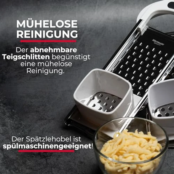 Westmark Spätzlehobel mit Teigschlitten, Spätzlereibe für Topfdurchmesser bis zu 24 cm, Rostfreier Edelstahl-Kunststoff, Knöpfle, Weiß-Silber, 61122270 – Bild 8