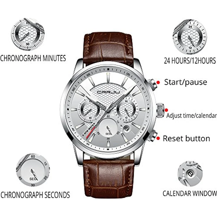 CRRJU Chronograph Herrenarmbanduhr, Analog Quarz mit Lederarmband, wasserdicht, Datumsanzeige, Schwarz – Bild 3