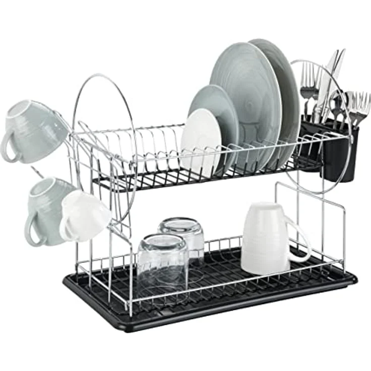 WENKO Geschirrabtropfer Premium Duo, Geschirr Abtropfständer für die Küche, Abtropfgestell mit Besteckkasten und Tellerständer, 52 x 36 x 24 cm, Silber-Schwarz – Bild 9