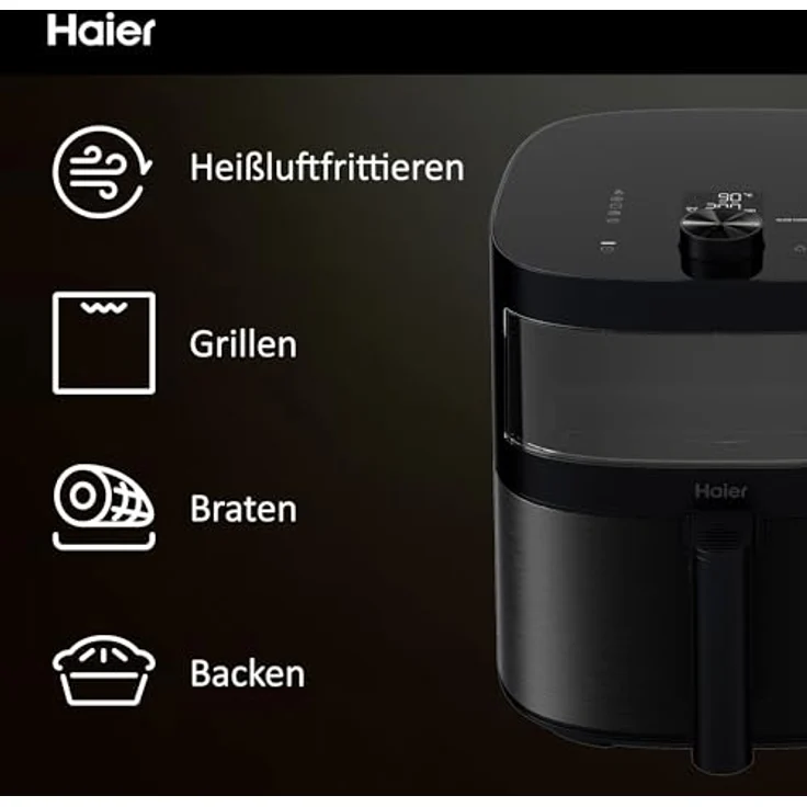 Haier Heißluftfritteuse mit Glasfenster I Airfryer mit 9 Programmen & 7 Liter Fassungsvermögen I 1700W Fryer mit LED Display I Fritteuse Heißluft ohne Fett I spülmaschinenfest [Serie 5 - HAF5TWA] – Bild 3