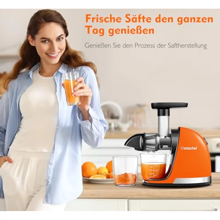AMZCHEF Entsafter Gemüse und Obst Testsieger - Slow Juicer mit Rückwärts-Kau-Funktion - Zartes Zerkleinern ohne Filtern - Elektrische Saftpresse mit Bürste und 2 Tassen - Orange – Bild 2