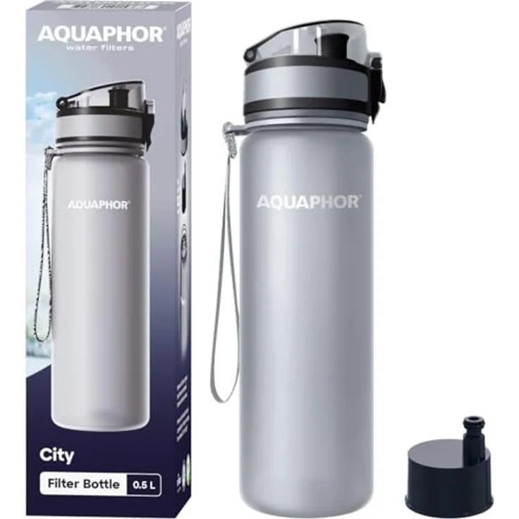 AQUAPHOR City Filterflasche 500ml Grau I Flasche mit Wasserfilter für unterwegs I Filter mit Aktivkohle I Filtert Chlor I Aus Tritan & BPA-frei I Für besseren Geschmack & Geruch des Wassers – Bild 1