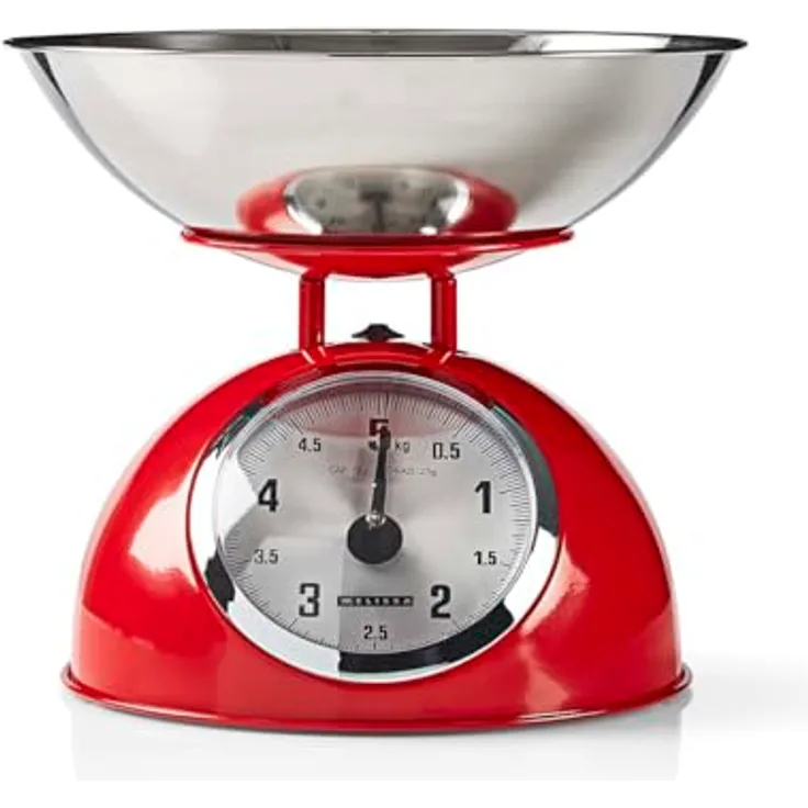 Melissa Retro-Küchenwaage Analog, Metallgehäuse mit abnehmbarer Schale, max. 5kg, 25-Gramm-Schritt, rot
