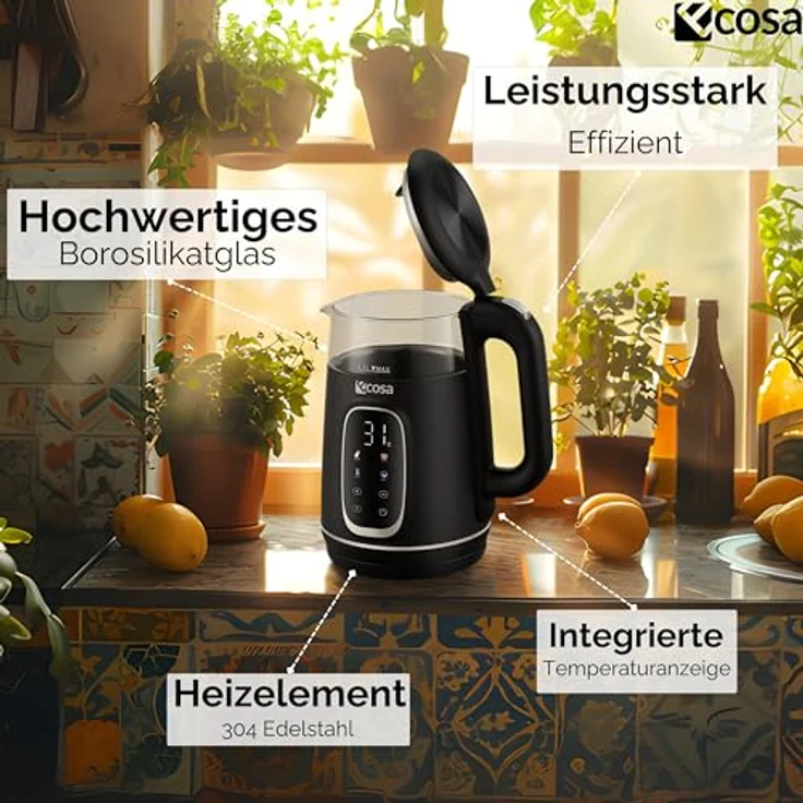 Ecosa® Wasserkocher mit Temperatureinstellung, 1,7 L, 2.200 W, Glas Edelstahl, BPA-frei, 40-100°C Temperaturwahl, Warmhaltefunktion, LED Beleuchtung (Black Pearl) – Bild 3