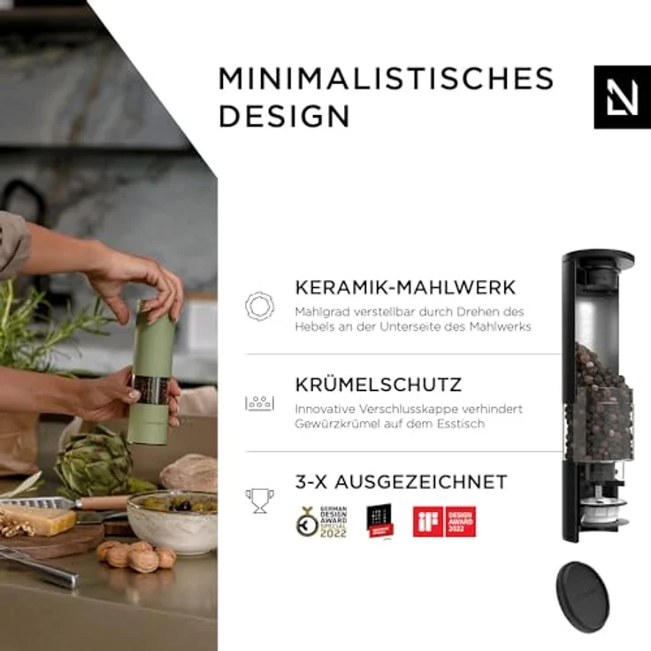 LARS NYSØM Salz und Pfeffer Mühle 2er Set Manuell mit einstellbarem Keramik-Mahlwerk von grob bis fein I Design Gewürzmühlenset (2 Stück) (Onyx Black) – Bild 2