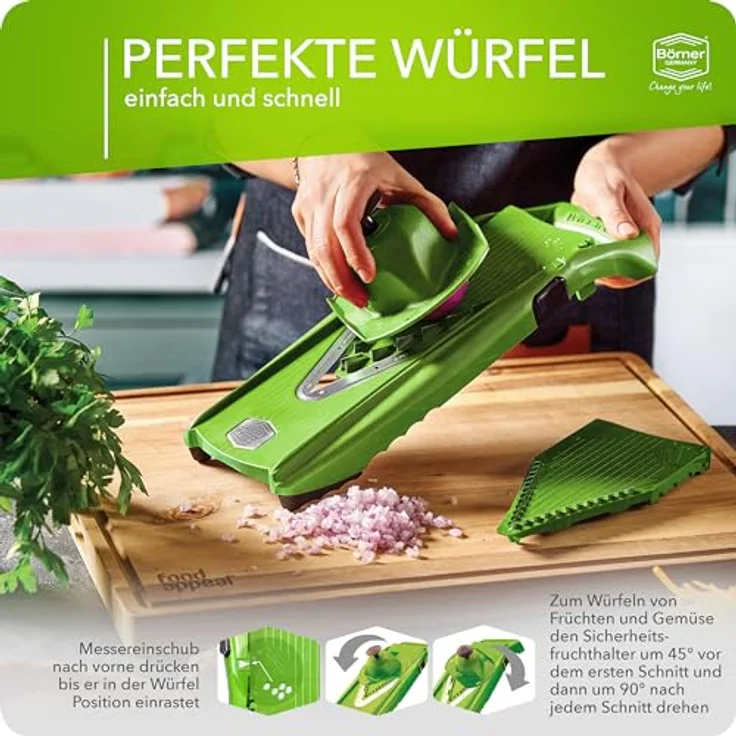 Börner Gemüsehobel V5 (Starter Set) • V-Hobel für Scheiben, Sticks & Würfel in vielen Größen • Gemüseschneider mit Edelstahl V-Klinge • Verstellbarer Küchenhobel • "Grün" – Bild 5