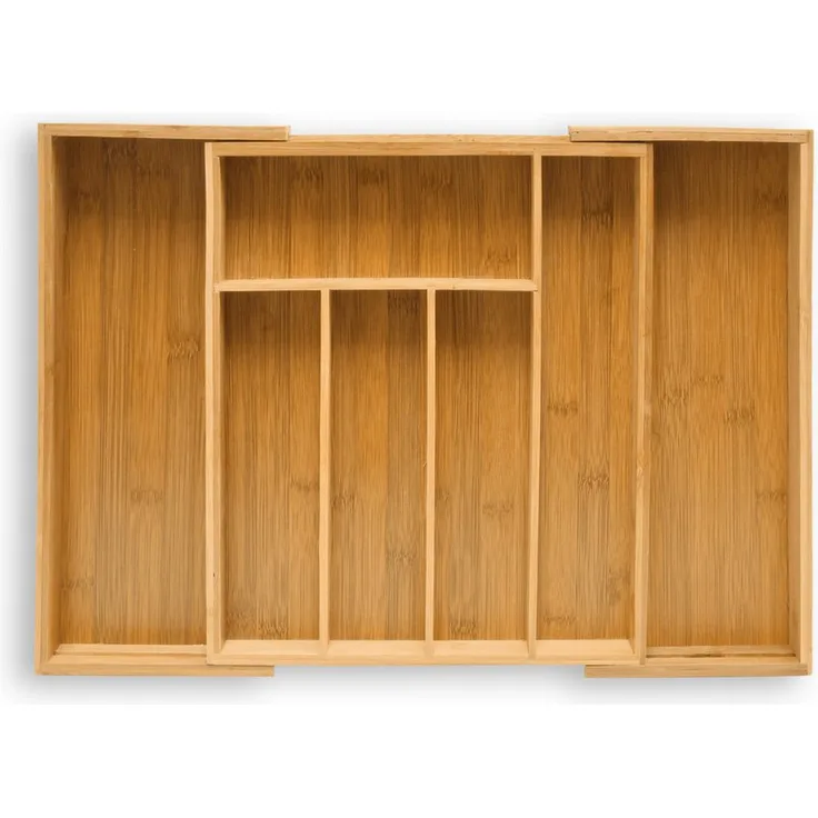 relaxdays Besteckkasten Besteckkasten Bambus 48cm ausziehbar, variabler Besteckeinsatz mit 5 bis 7 Fächern, robustes Material in Naturfarbe