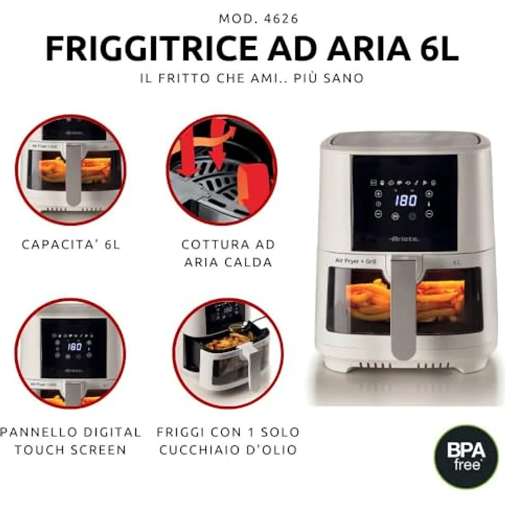 Ariete 4626 Airy Fryer 6L, Luftfritteuse mit 8 Programmen, 1300 W, Transparenter Korb, Weiß – Bild 2