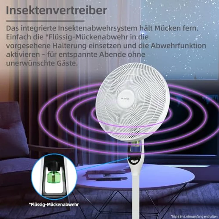 Be Cool BC40STMOSQ Stand- und Tischventilator mit Mückenabwehr, Ø 43 cm, 55 Watt, 4 Geschwindigkeiten, Schwenkfunktion, ECO-Modus, 8 Std. Timer, Fernbedienung, weiß – Bild 5