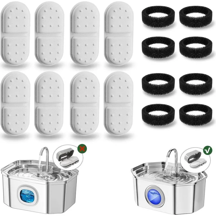 APAUK Ersatzfilter und Schwämme für Trinkbrunnen APFSS-3201, 8 Filter und 8 Schwämme mit dreifachem Filtersystem für sauberes Trinkwasser