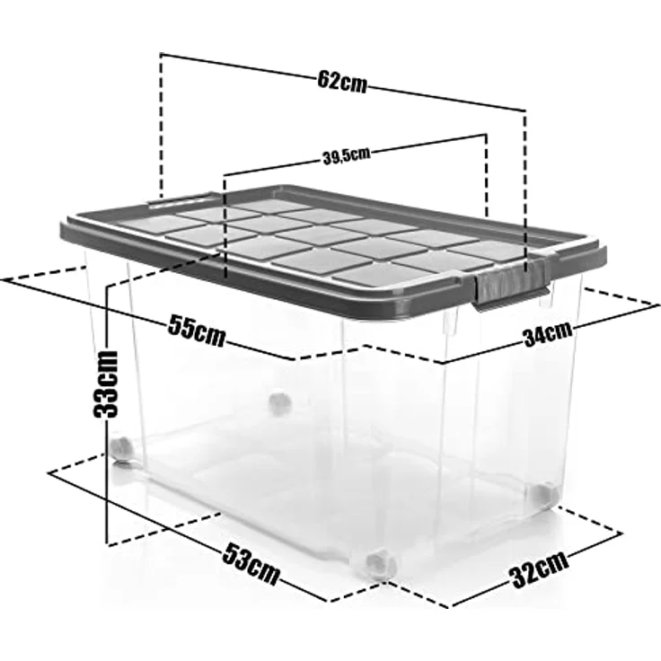 BigDean 4 Stück 60 L Aufbewahrungsbox mit Deckel stahlgrau - stapelbare robuste Box BPA-frei - rollbare Stapelbox mit festen Klickverschlüssen - Made in Germany – Bild 3
