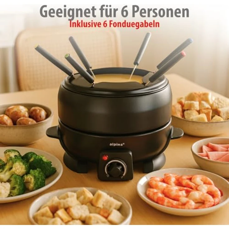 alpina 8711252270883 Fondueset, Edelstahl, 800ml Topf mit Thermostat, inklusive 6 Fonduegabeln, antihaftbeschichtet, rutschfeste Füße – Bild 4