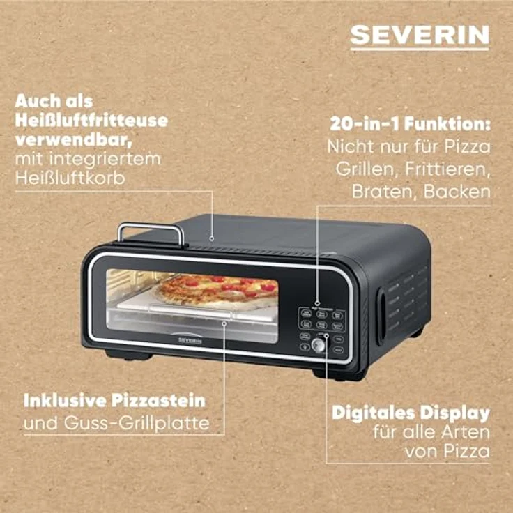 Severin Minibackofen SERICO PG 8575, Integriertes Digitales Display, Pizzastein und Guss-Grillplatte, Heißluft-Frittierkorb, 3-fach verglaste Tür, Automatik-Programme, in edlem Schwarz – Bild 4