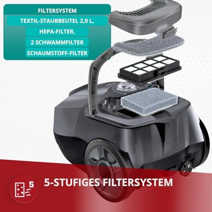MPM MOD-52 Beutelstaubsauger, 850W mit HEPA Filter, 2L Staubbeutel, Metall Teleskoprohr, 7m Aktionsradius, Saugkraftregulierung – Bild 3