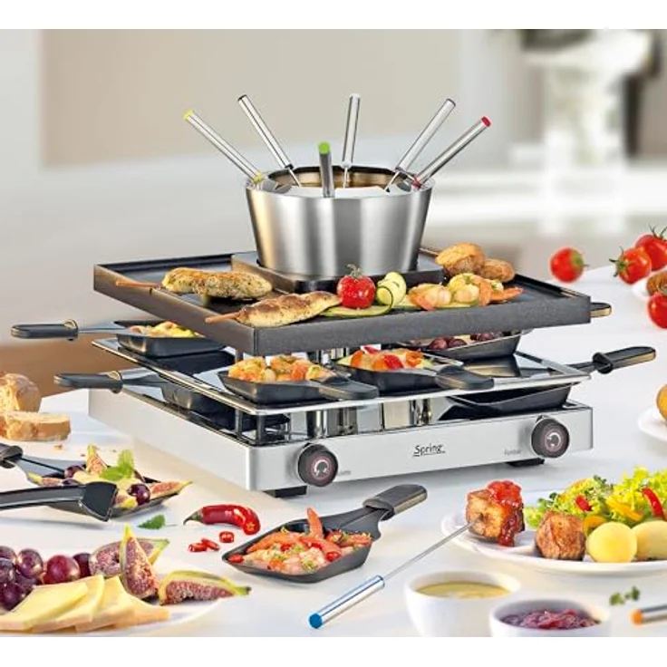 Spring RACLETTEFONDUE CLASSIC | Fondue Raclette Kombi 8 Personen | Antihaftbeschichtete Alu-Grillplatte & Fondue Topf | 8 x Pfännchen, Raclette Schaber, Gabeln | mit Abstellebene | Raclette Grill – Bild 2