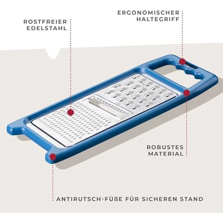 FACKELMANN Universalreibe Essential, Multifunktionale Küchenreibe mit 3 Reibeflächen, rostfreier Edelstahl, Antirutsch-Füße, dunkelblau/silber – Bild 2