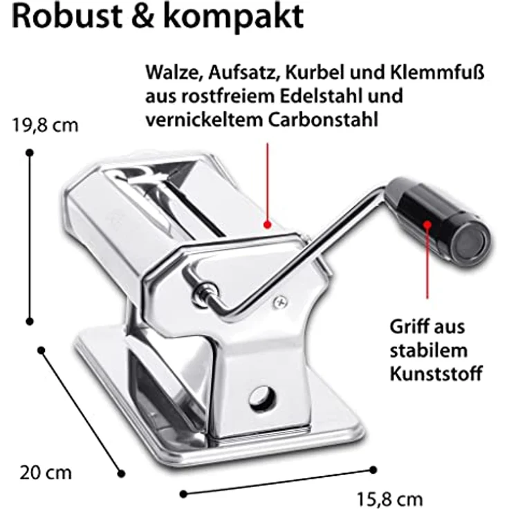ADE Nudelmaschine Edelstahl, manuelle Pastamaschine mit 7 Teigstärken, für Lasagneplatten, Spaghetti und Fettuccine, inklusive Trockner und Borstenpinsel – Bild 3