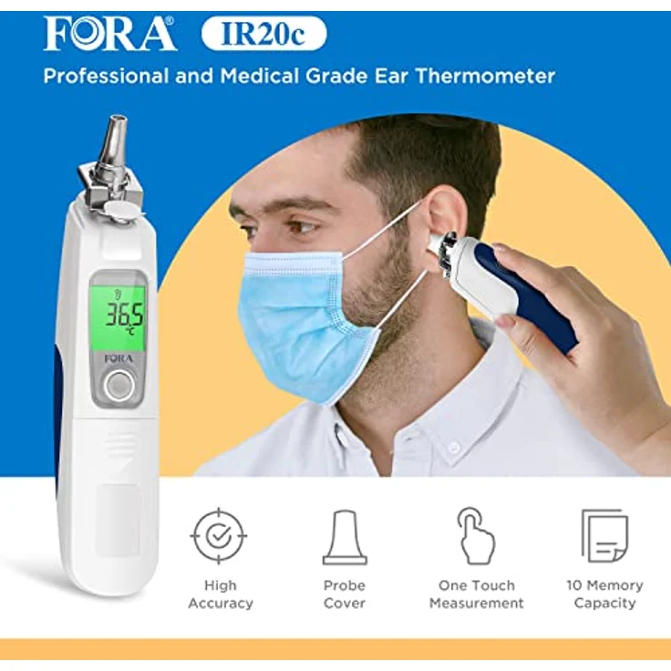 FORA IR20C, Infrarot Ohrthermometer in medizinischer Qualität mit 16 Einmal-Schutzkappen, kleiner Eisenkopf- langlebig, Einfach zu säubern. – Bild 2