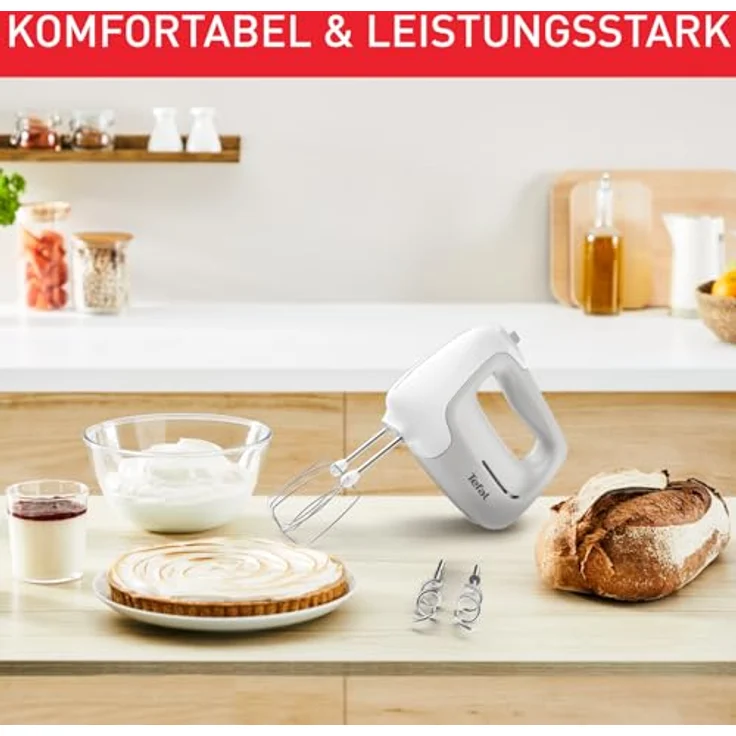 Tefal HT450B Prep'Mix Handmixer | 450 Watt | 5 Geschwindigkeiten | 2 Schneebesen und 2 Knethaken aus Edelstahl | vielseitiger Handmixer | ergonomisches Design | spülmaschinenfestes Zubehör | Weiß-Grau – Bild 3