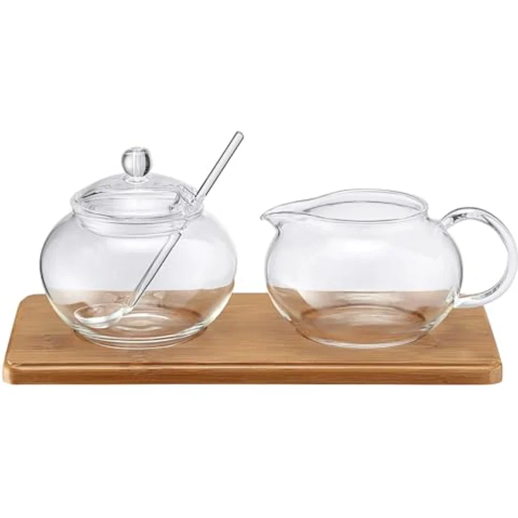 Weis 14580 Zucker-/Sahne Set aus Glas mit Bambustablett, weiß, tropffreier Ausguss, inklusive Löffel, Maße: 22,5x10,5cm – Bild 1
