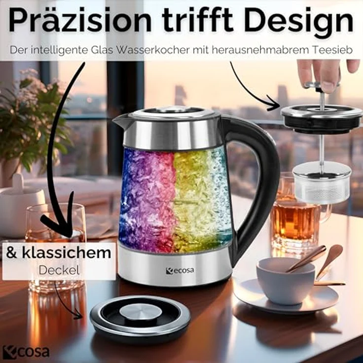 Ecosa® 2in1 Wasserkocher & Teekocher, Glas Edelstahl, 1,7 Liter, 2200 Watt, Temperatureinstellung 40°C-100°C, LED, Warmhaltefunktion, BPA-frei – Bild 5