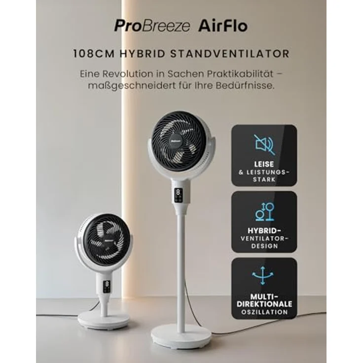Pro Breeze AirFlo Standventilator 108 cm, Leiser 2-in-1 Ventilator mit 29 dB, Vortex-Oszillation 85°+135°, Höhenverstellbar, Fernbedienung & LED-Display für Schlafzimmer & Büro – Bild 2