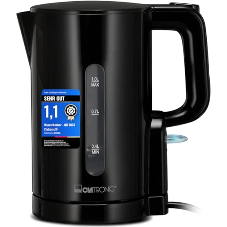 Clatronic WK 3834 Wasserkocher 1L, 900W, BPA-frei, Einhandbedienung, Wasserstandsanzeige, Überhitzungsschutz, schwarz – Bild 1
