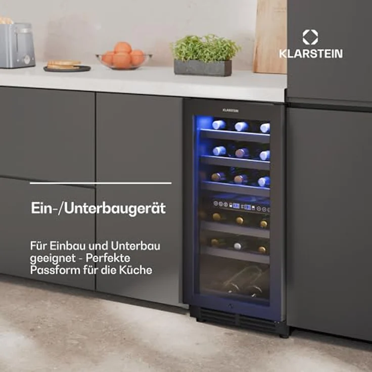 Klarstein Vinovilla 30 Duo Weinkühlschrank 2 Zonen, 32 Flaschen, 5-18 °C, LED-Touch, leise 39 dB, mattschwarz, Einbau – Bild 3
