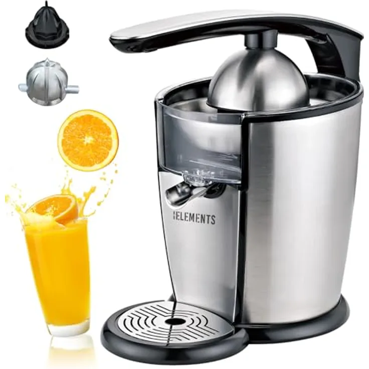 KB ELEMENTS elektrische Saftpresse, Zitruspresse mit 300W Vollkupfer-Motor, Edelstahl, 2 Kegel, 700ml Saftbehälter, integrierter Handhebel, Tropfstop