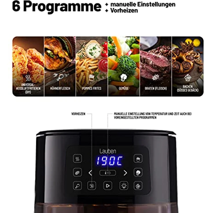 Lauben Hot Air Fryer 4000BC Heißluftfritteuse, 360° Heißluftzirkulation, 4 l Fassungsvermögen, 1600 W, 8 Programmen, spülmaschinenfest, einstellbare Temperatur: 120° - 200° – Bild 3