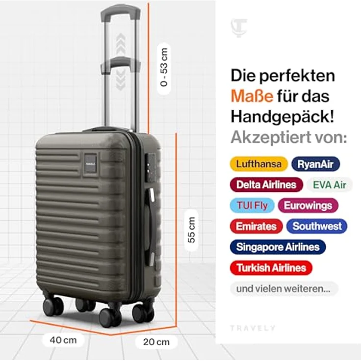 Travely Premium Handgepäck Koffer 55x40x20cm - 36L Trolley Handgepäck mit sanften Rollen und TSA Schloss, schwarz – Bild 3