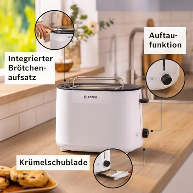 Bosch Kompakt Toaster MyMoment TAT2M121, integrierter Brötchenaufsatz, mit Auftaufunktion, mit Abschaltautomatik, Liftfunktion, Brotzentrierung, perfekt für 2 Scheiben, 800 Watt, Weiß matt – Bild 3