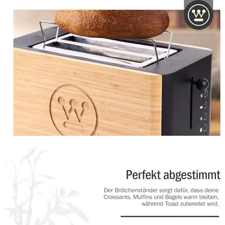 Westinghouse Bambus Toaster 2 Scheiben mit Brötchenaufsatz, 6 Bräunungsstufen, Krümelschublade, 1400 Watt, Bambus-Design. – Bild 3