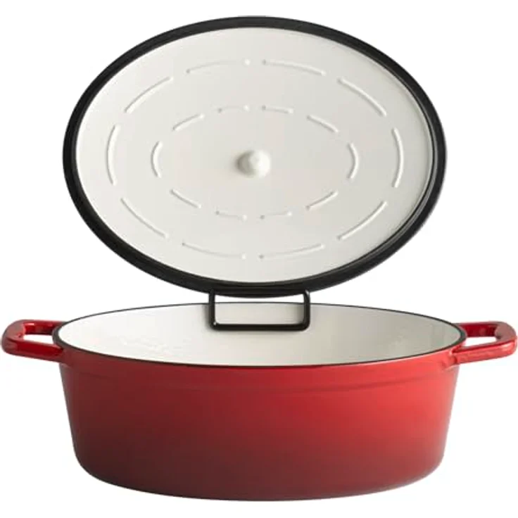 APS 88308 Bräter mit Deckel "5 STARS", Gusseisen, induktionsgeeignet, ofenfest, inkl. Deckelhalter, 33 x 25 cm, 5 Liter, rot – Bild 2